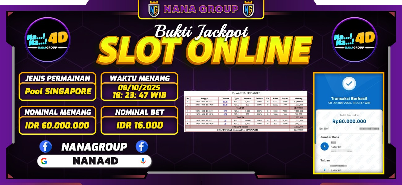 Bukti Kemenangan Besar Dibayar lunas Member NANA4D RP 60.000.000, 8 Oktober 2025
